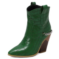 Pointed Toe Chunky Heels Chain Decorated Crocodile Print Ankle Highs Wedges Cowboy Boots - Green