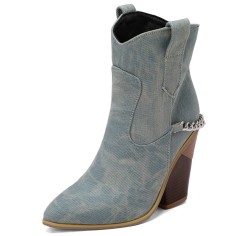Pointed Toe Chunky Heels Chain Decorated Crocodile Print Ankle Highs Wedges Cowboy Boots - Light Blue