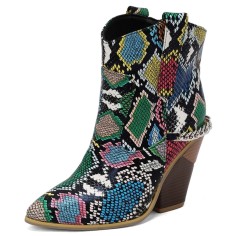 Pointed Toe Chunky Heels Chain Decorated Crocodile Print Ankle Highs Wedges Cowboy Boots - Multicolor