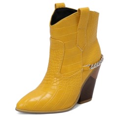 Pointed Toe Chunky Heels Chain Decorated Crocodile Print Ankle Highs Wedges Cowboy Boots - Yellow