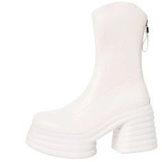 Round Toe Chunky Heels Back Zipper Ankle High Marshmallow Winter Boots - Beige
