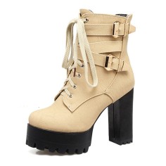 Round Toe Buckle Straps Autumn Winter Lace Up Zipper Chunky Heels Ankle High Platforms Boots - Beige