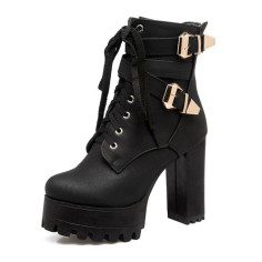 Round Toe Buckle Straps Autumn Winter Lace Up Zipper Chunky Heels Ankle High Platforms Boots - Black