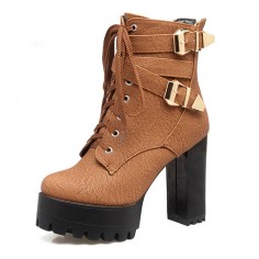 Round Toe Buckle Straps Autumn Winter Lace Up Zipper Chunky Heels Ankle High Platforms Boots - Brown