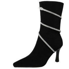 Pointed Toe Stiletto Heels Snake Shaped Rhinestones Side Zipper Ankle High Boots - Black
