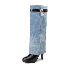 Round Toe Stiletto Heels Printed Denim Metal Lock Decoration Knee Highs Boots - Black Faux Leather Denim
