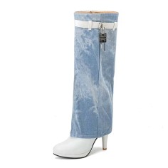 Round Toe Stiletto Heels Printed Denim Metal Lock Decoration Knee Highs Boots - White Faux Leather Denim