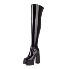Square Toe Chunky Heels Thigh High Over The Knees Double Platforms Boots - Black Patent