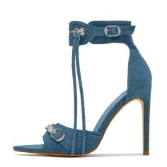 Pointed Open Toe Stiletto Heels Vintage Gothic Ankle Buckle Straps Sandals - Blue Denim