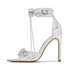 Pointed Open Toe Stiletto Heels Vintage Gothic Ankle Buckle Straps Sandals - Silver Faux Leather