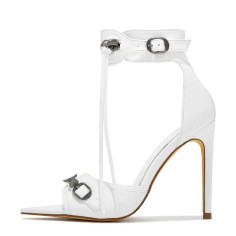 Pointed Open Toe Stiletto Heels Vintage Gothic Ankle Buckle Straps Sandals - White Faux Leather