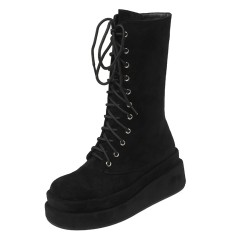 Round Toe Side Zipper Platforms Ankle Highs Lace Up Autumn Winter Wedges Boots - Black