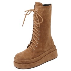 Round Toe Side Zipper Platforms Ankle Highs Lace Up Autumn Winter Wedges Boots - Brown