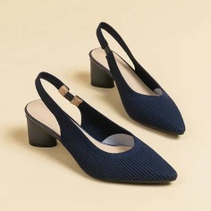 Pointed Toe Chunky Heels Cotton Fabric Summer Slingback Sandals - Blue