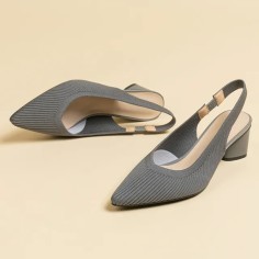 Pointed Toe Chunky Heels Cotton Fabric Summer Slingback Sandals - Gray