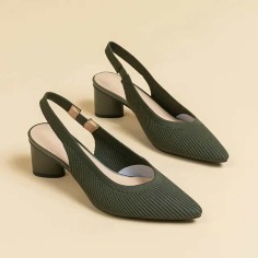 Pointed Toe Chunky Heels Cotton Fabric Summer Slingback Sandals - Green