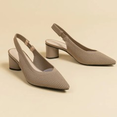 Pointed Toe Chunky Heels Cotton Fabric Summer Slingback Sandals - Dark Khaki