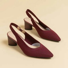 Pointed Toe Chunky Heels Cotton Fabric Summer Slingback Sandals - Wine Red