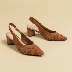 Pointed Toe Chunky Heels Knitted Summer Slingback Sandals - Auburn