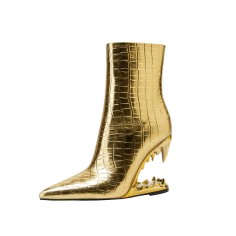 Pointed Toe Strange Leopard Teeth Heels Ankle Highs Booties - Gold