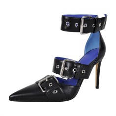 Pointed Toe Ankle Buckle Straps Rivet Decorated Stiletto Heels Punk Gothic Pumps - Black