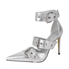 Pointed Toe Ankle Buckle Straps Rivet Decorated Stiletto Heels Punk Gothic Pumps - Silver