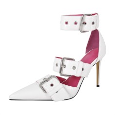 Pointed Toe Ankle Buckle Straps Rivet Decorated Stiletto Heels Punk Gothic Pumps - White