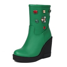 Round Toe Platforms Ankle Highs Rhinestones Wedges  Boots - Green