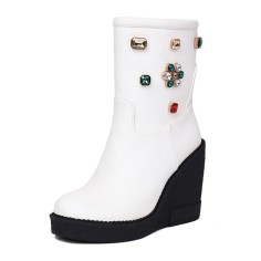 Round Toe Platforms Ankle Highs Rhinestones Wedges  Boots - White