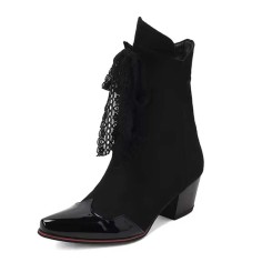 Pointed Toe Patchwork Ankle Highs Lace Up Chunky Heels Printed Fabric Cowboy Boots - Black Patent