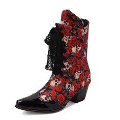 Pointed Toe Patchwork Ankle Highs Lace Up Chunky Heels Printed Fabric Cowboy Boots - Red Patent