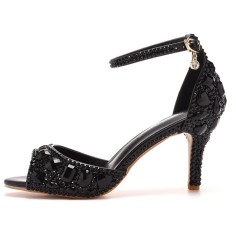 Peep Toe Ankle Buckle Straps Kitten Heels Dorsay Crystal Rhinestones Sandals Pumps - Black