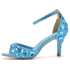 Peep Toe Ankle Buckle Straps Kitten Heels Dorsay Crystal Rhinestones Sandals Pumps - Blue