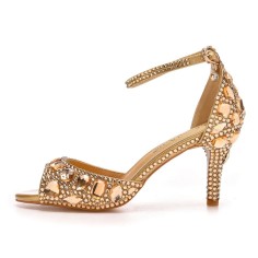Peep Toe Ankle Buckle Straps Kitten Heels Dorsay Crystal Rhinestones Sandals Pumps - Gold