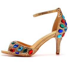 Peep Toe Ankle Buckle Straps Kitten Heels Dorsay Crystal Rhinestones Sandals Pumps - Gold Colorful