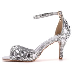 Peep Toe Ankle Buckle Straps Kitten Heels Dorsay Crystal Rhinestones Sandals Pumps - Silver