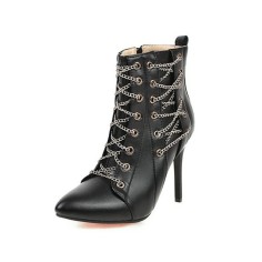 Pointed Toe Stiletto Heels Ankle High Chain Decorated Zipper Punk Boots - Black 