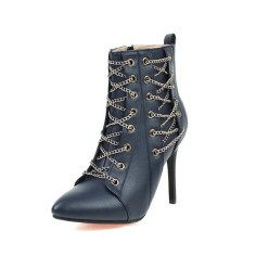 Pointed Toe Stiletto Heels Ankle High Chain Decorated Zipper Punk Boots - Blue