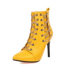 Pointed Toe Stiletto Heels Ankle High Chain Decorated Zipper Punk Boots - Yellow