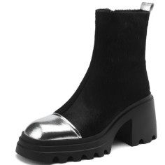 Round Toe Chunky Heels Horse Hair Side Zipper Ankle High Boots - Black