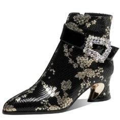 Pointed Toe Strange Style Kitten Heels Flowers Crystal Side Zipper Buckle Straps Ankle High Boots - Black