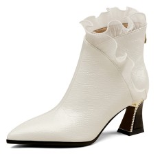 Pointed Toe Kitten Heels Ankle High Elegant Net Decorated Vintage Crocodile Pattern Booties - Beige