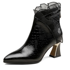 Pointed Toe Kitten Heels Ankle High Elegant Net Decorated Vintage Crocodile Pattern Booties - Black