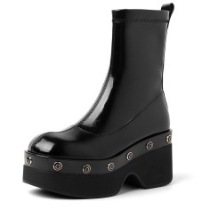 Round Toe Chunky Heels Platforms Rivet Decorated Ankle High Patent Boots - Black