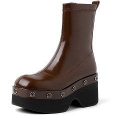 Round Toe Chunky Heels Platforms Rivet Decorated Ankle High Patent Boots - Brown