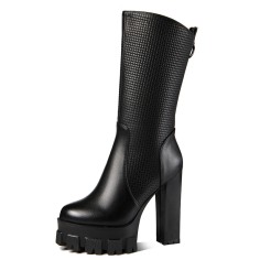 Round Toe Chunky Heels Platforms Kne High Side Zipper Mid Calf Boots - Black