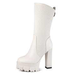 Round Toe Chunky Heels Platforms Kne High Side Zipper Mid Calf Boots - White