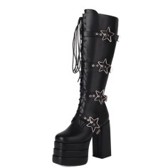 Round Toe Chunky Heels Ultra Platforms Metal Star Buckle Straps Punk Gothic Emo Boots - Black Faux Leather
