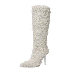 Pointed Toe Crystal Stiletto Heels Knee Highs Warm Fluffy Curly Booties with Side Zipper - White Faux Wool