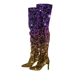 Pointed Toe Stiletto Heels Gradient Multicolor Sequins Glittery Over The Knee Boots - Pink Yellow